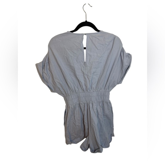 Vestique Baby Blue Crinkle Cotton Cuffed V-Neck Romper - Picture 2 of 5